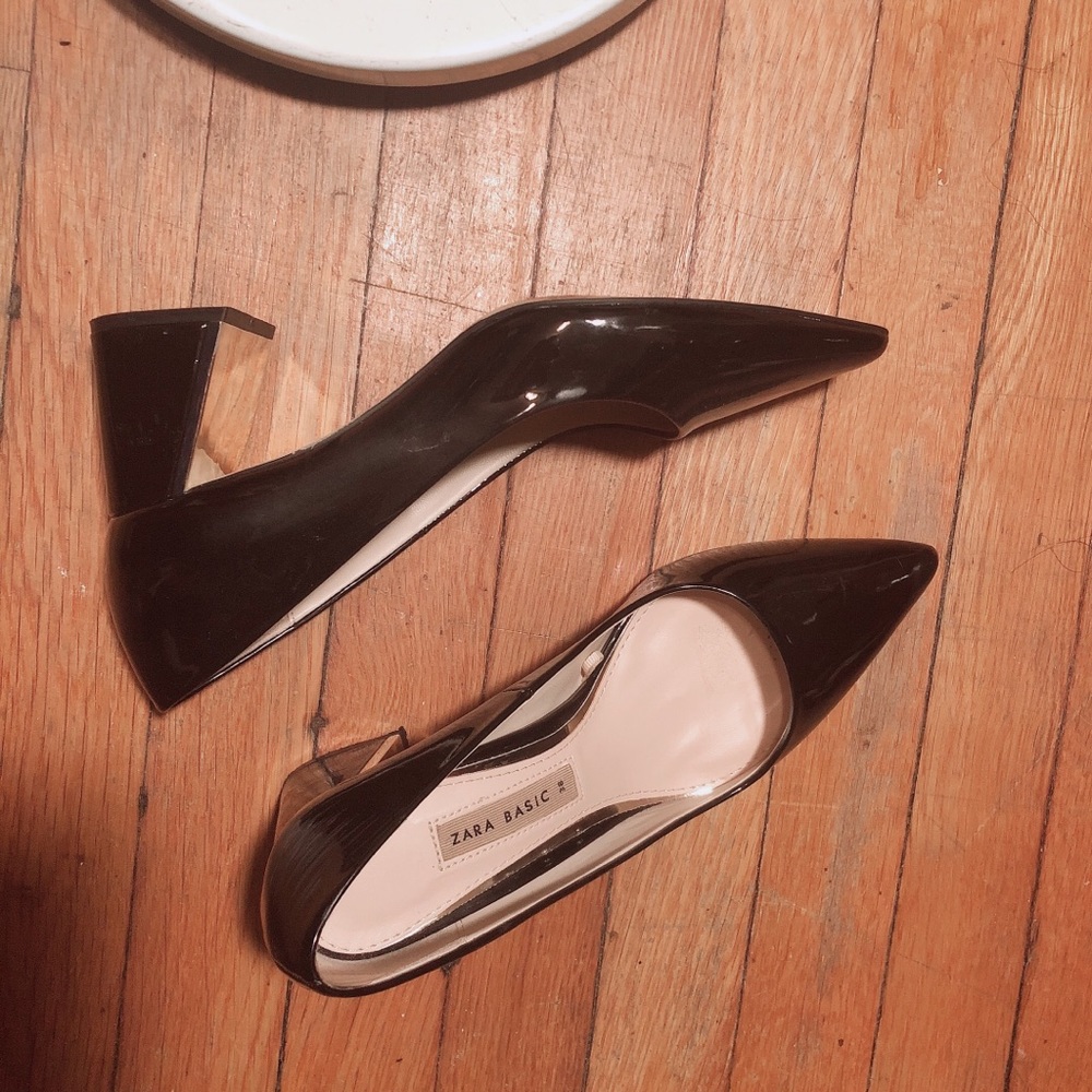 Zara Black Block Patent Heels Basic